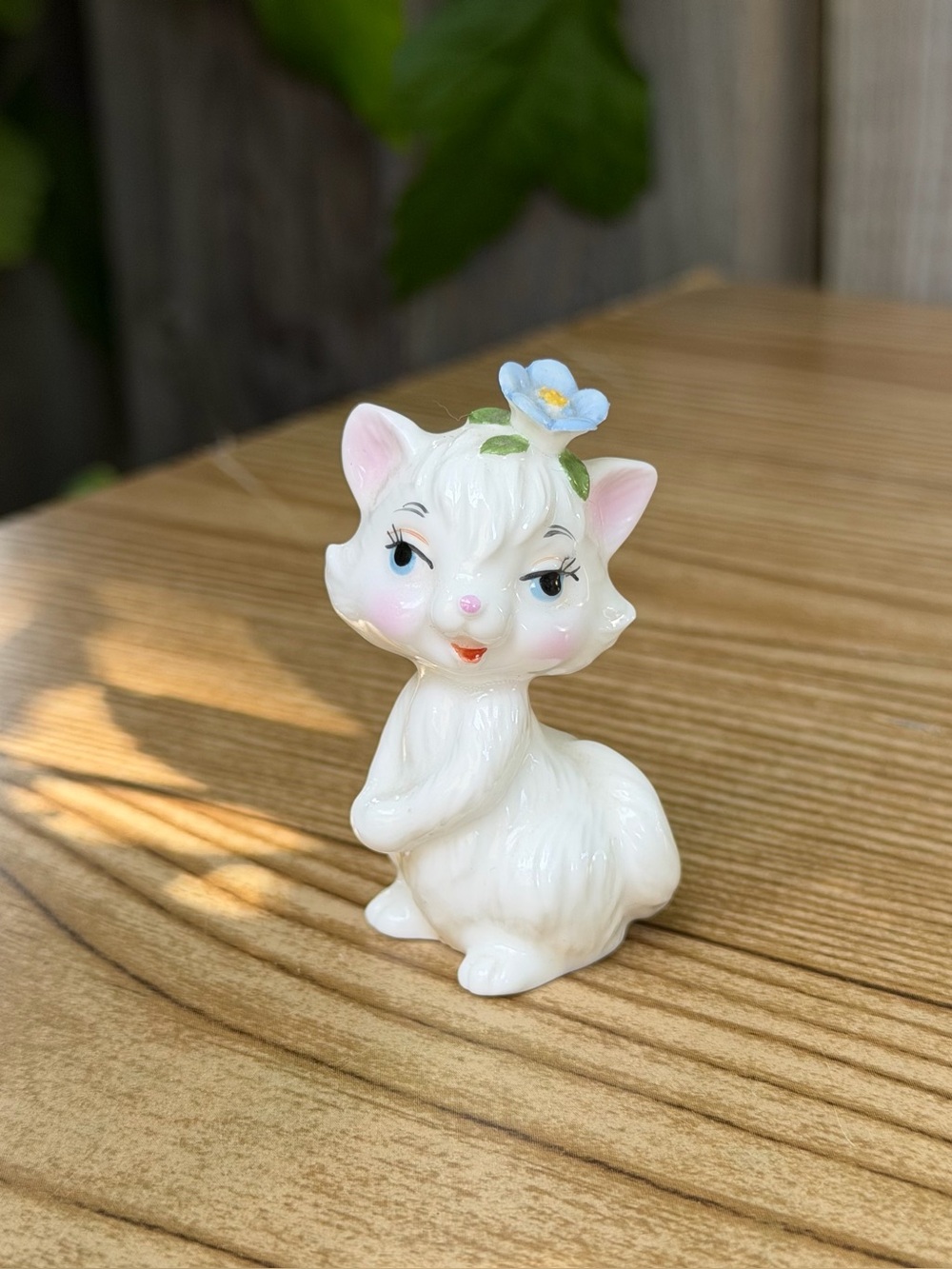 Vintage Mini 2” Bone China White Kitten Cat Blue Flower Blue Eyes Pink Cheeks